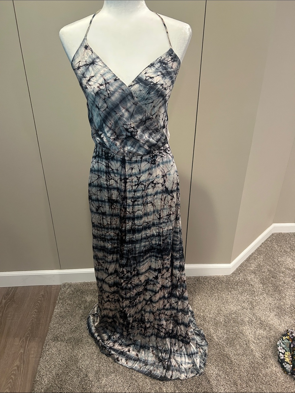 Tie-Dye Silk Spaghetti Strap Maxi Dress in Blue and Light Pink